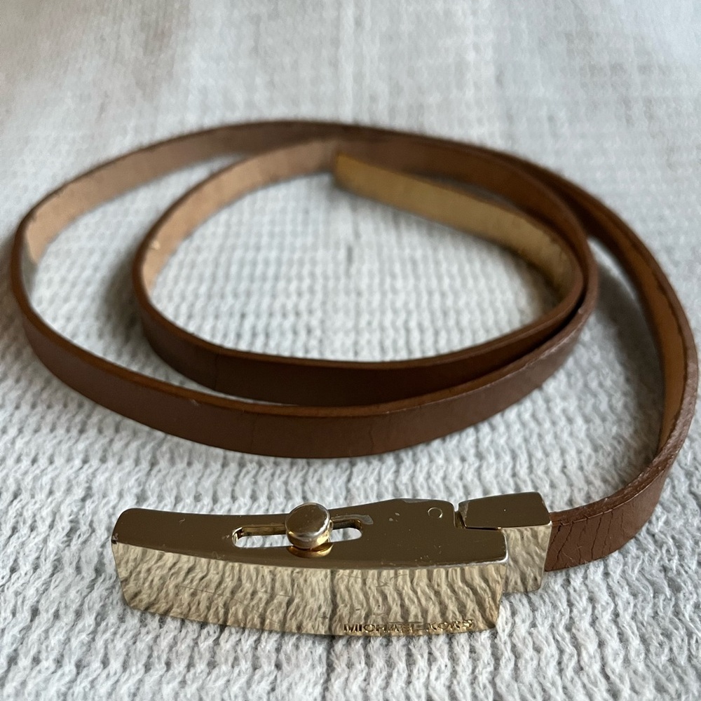 Michael Kors Thin Brown Leather Belt with Gold Buckle